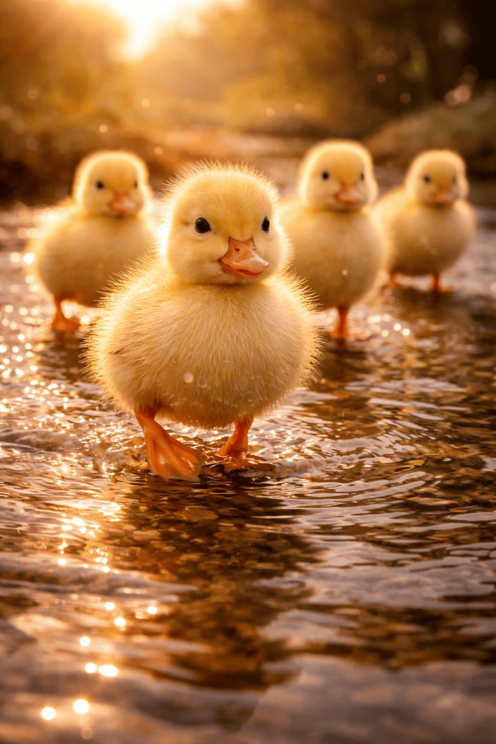 Golden sunset ducklings in shallow water wallpaper