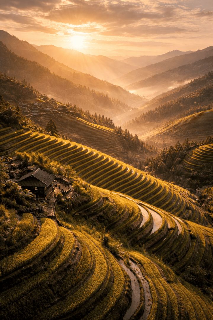 Golden sunset over Longsheng terraces wallpaper