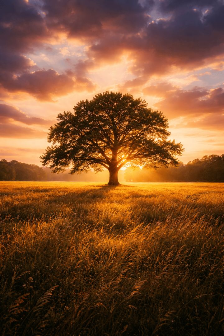 Golden sunset over solitary oak tree nature wallpaper