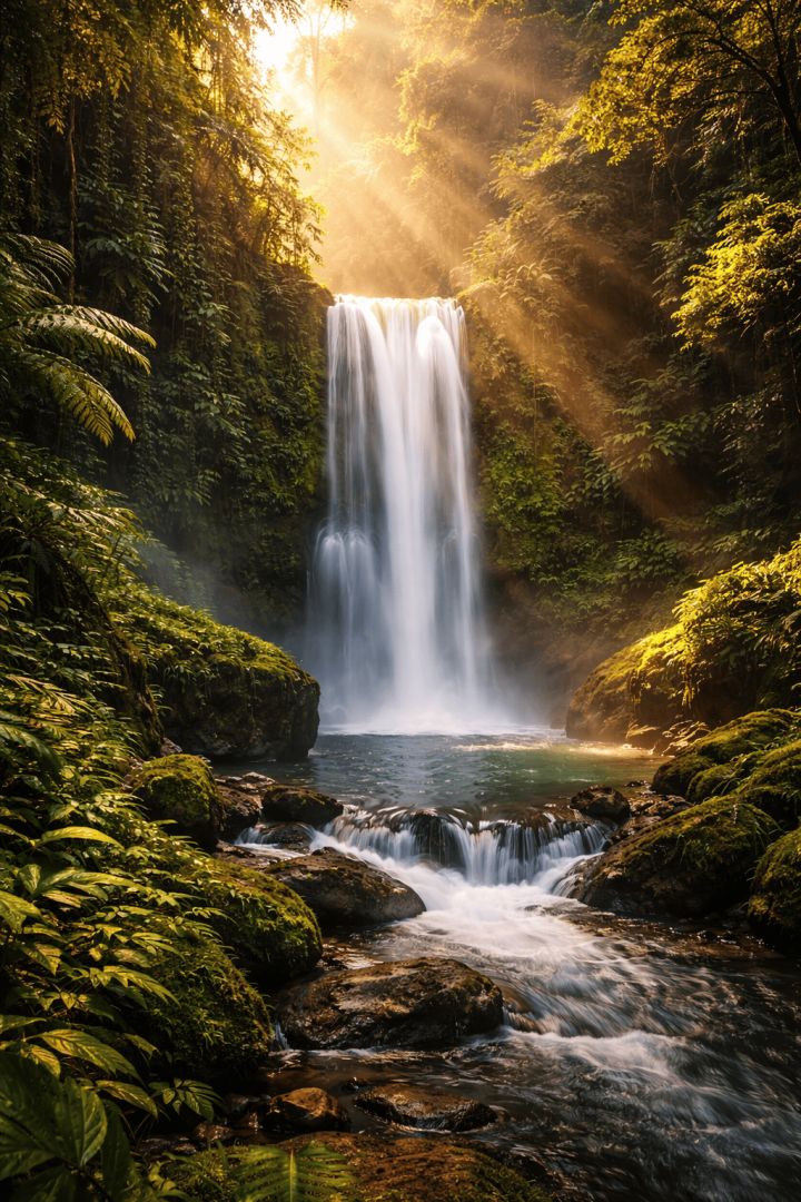Golden waterfall in tropical rainforest nature wallpaper