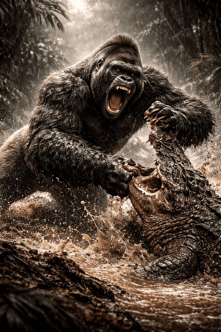 Gorilla vs crocodile in fierce battle wallpaper