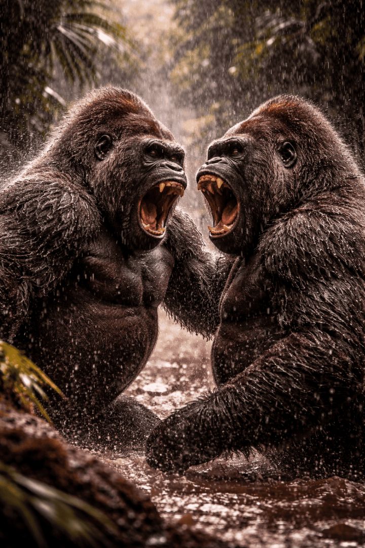 Gorillas clash in the rain wallpaper