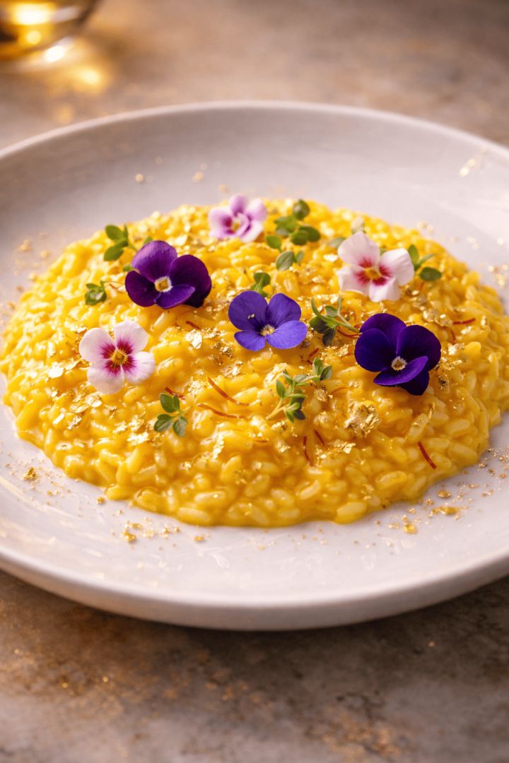 Gourmet risotto with edible flowers food wallpaper