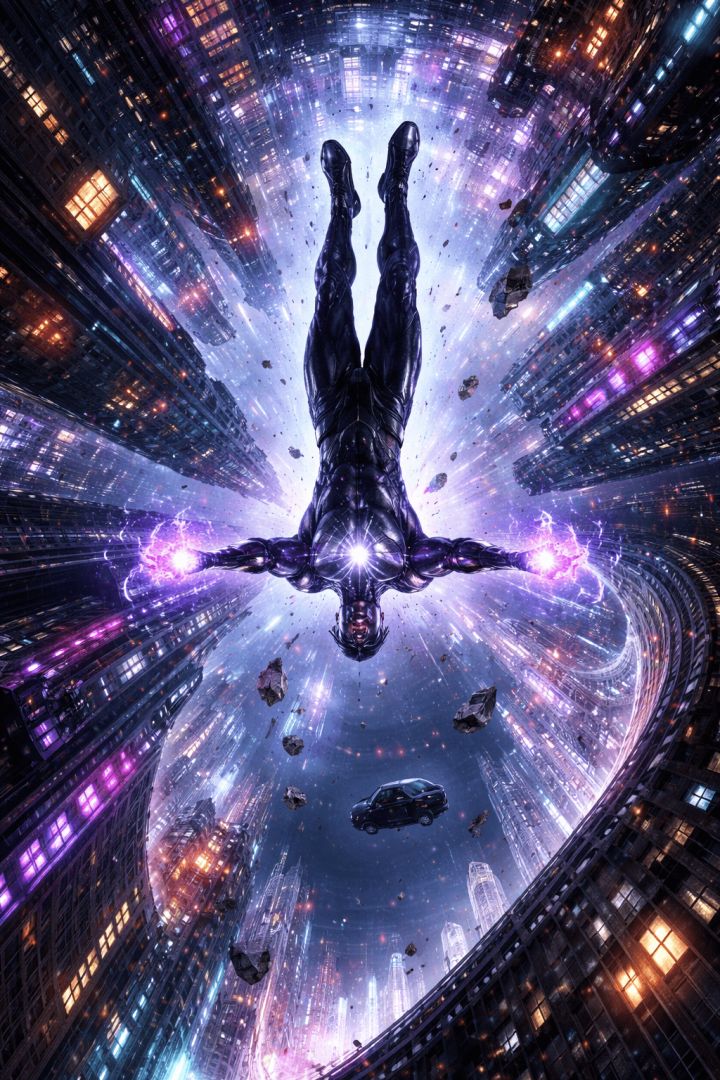 Gravity-defying hero in neon city warrior wallpaper