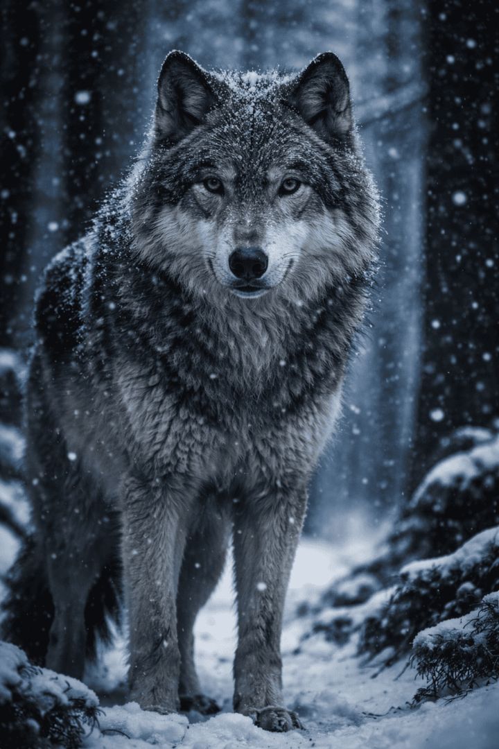 Grey wolf in a snowy twilight wallpaper