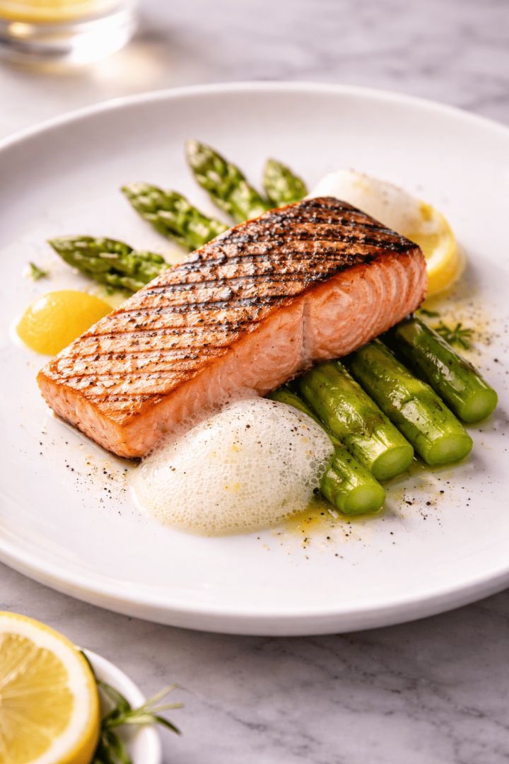 Grilled salmon with asparagus and lemon foam wallpaper