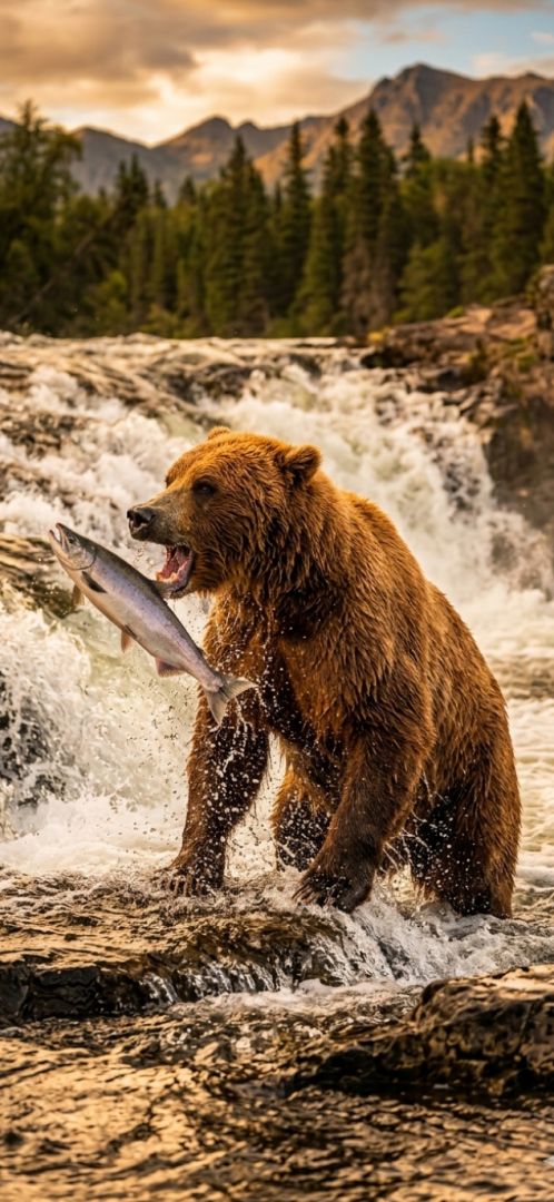 grizzly bear catching salmon in waterfall wild wallpaper