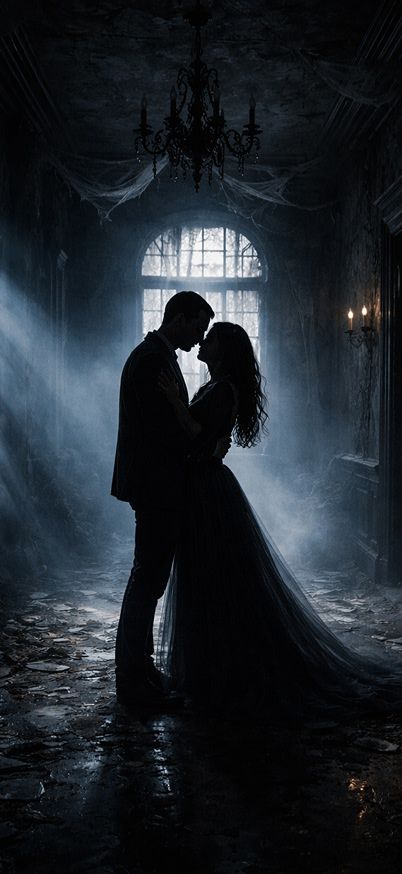 Haunted embrace under moonlit decay wallpaper