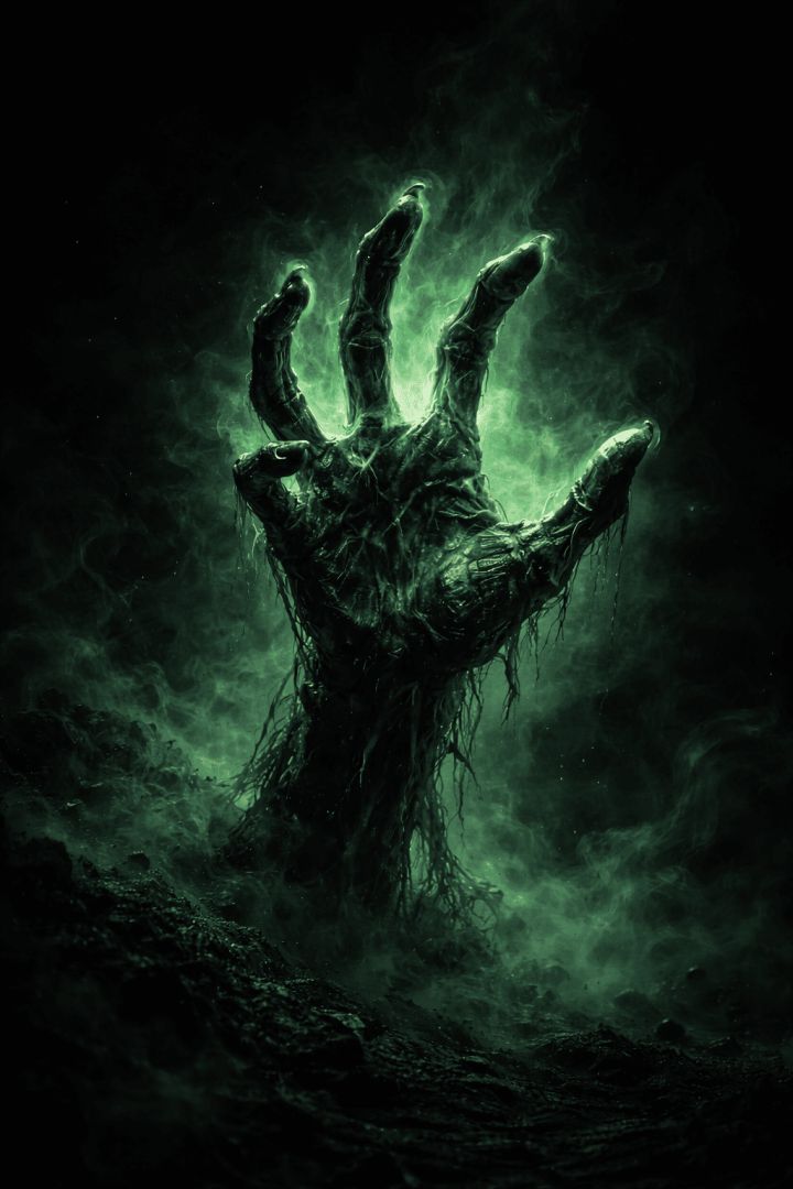 Haunting glow of the skeletal hand horror wallpaper