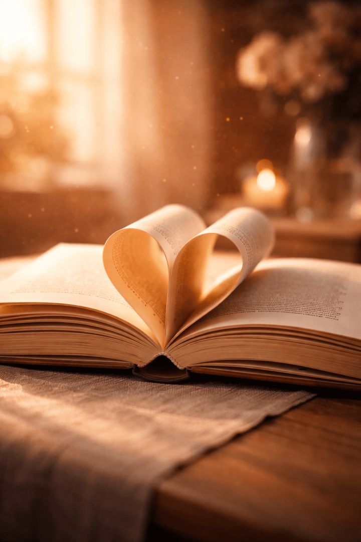 Heart-shaped pages in golden light wallpaper