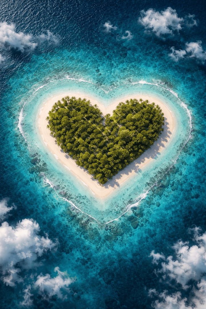 Heart-shaped tropical island paradise wallpaper