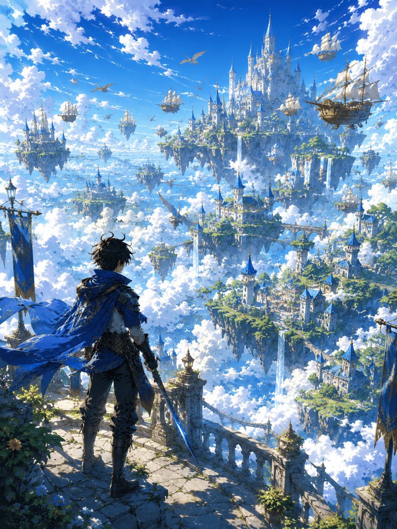 Hero gazing over floating kingdom anime wallpaper