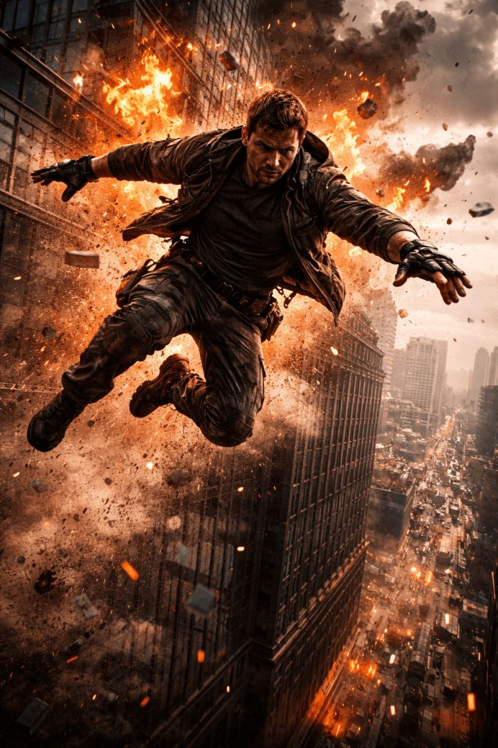 Hero leaps through fiery destruction game wallpaper