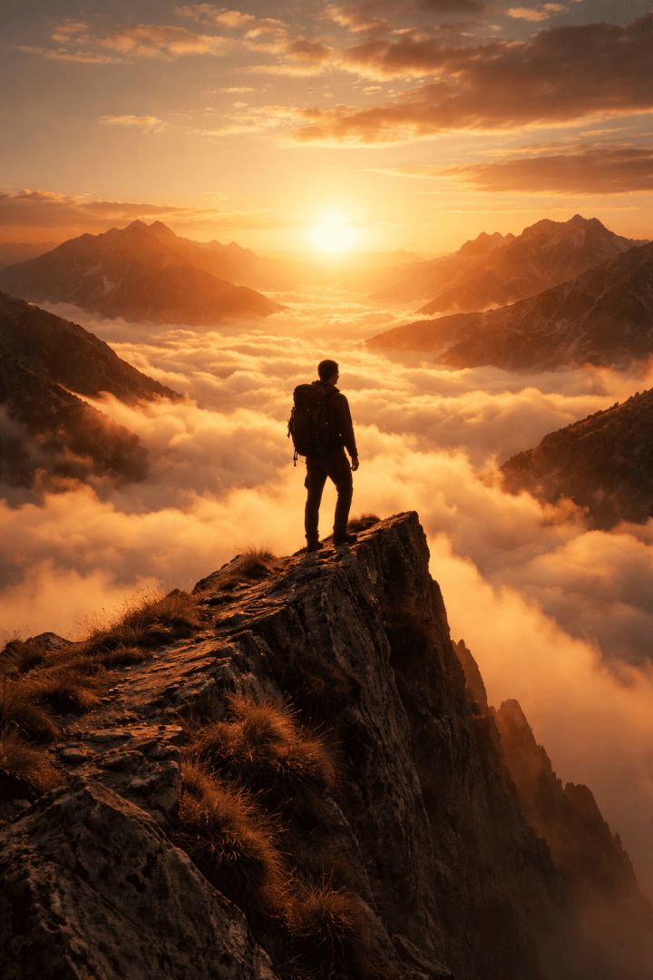 Hiker above the cloud sea at sunrise wallpaper