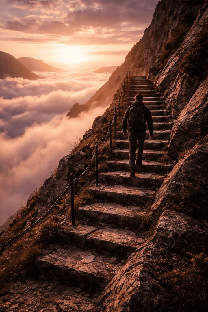 Hiker ascending mountain steps at dawn hiking wallpaper