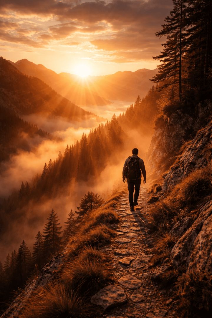 Hiker at sunrise on mountain trail wallpaper