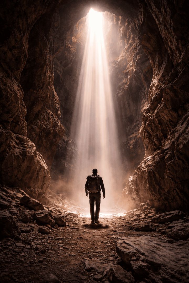 Hiker in a sunlit canyon shaft (2) hiking wallpaper