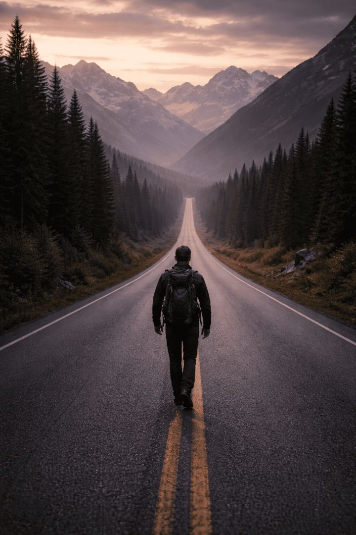 Hiker on a mountain road at dawn wallpaper
