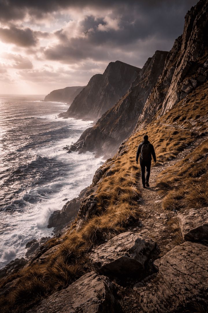 Hiker on rugged coastal trail hiking wallpaper