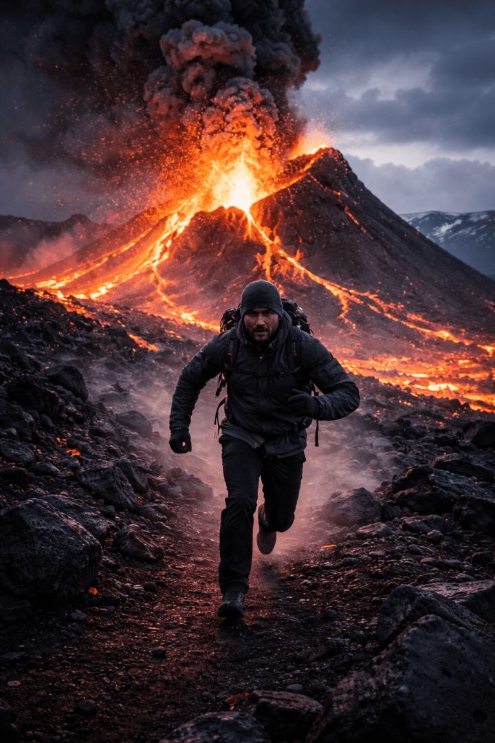 Hiker races from erupting volcano in Iceland wallpaper