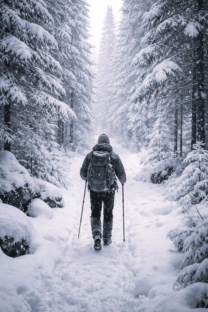 Hiking through a snowy forest path wallpaper