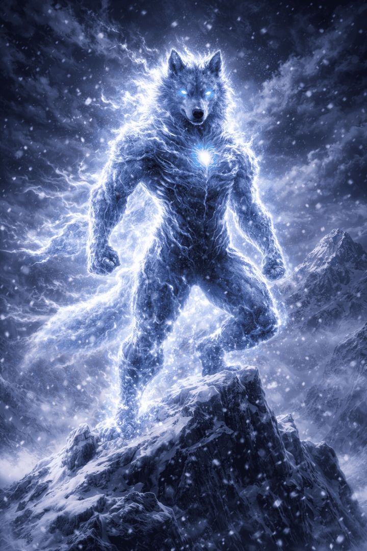 Icy wolf hero on frozen peak warrior wallpaper