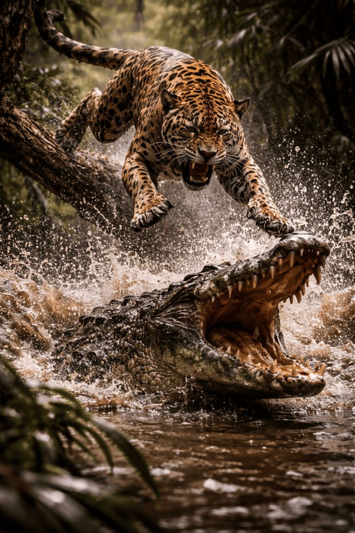 Jaguar pounces on crocodile in swamp wallpaper
