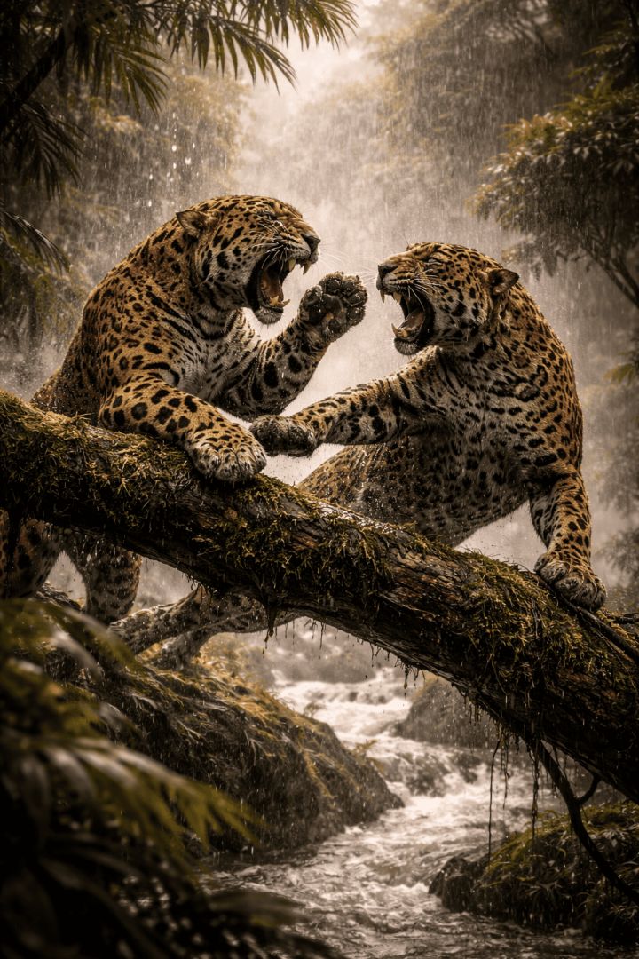 Jaguars battle on a mossy branch wallpaper