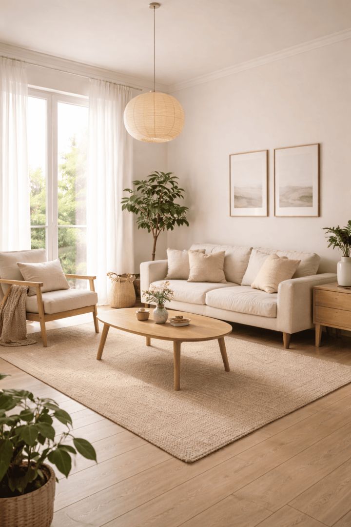 Japandi-style serene living room design calm wallpaper