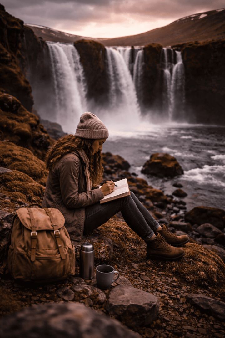 Journaling by the Icelandic falls adventure wallpaper