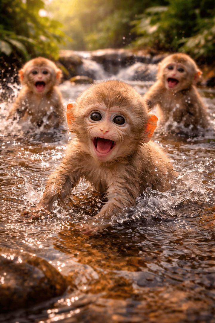 Joyful baby monkeys in the stream wallpaper