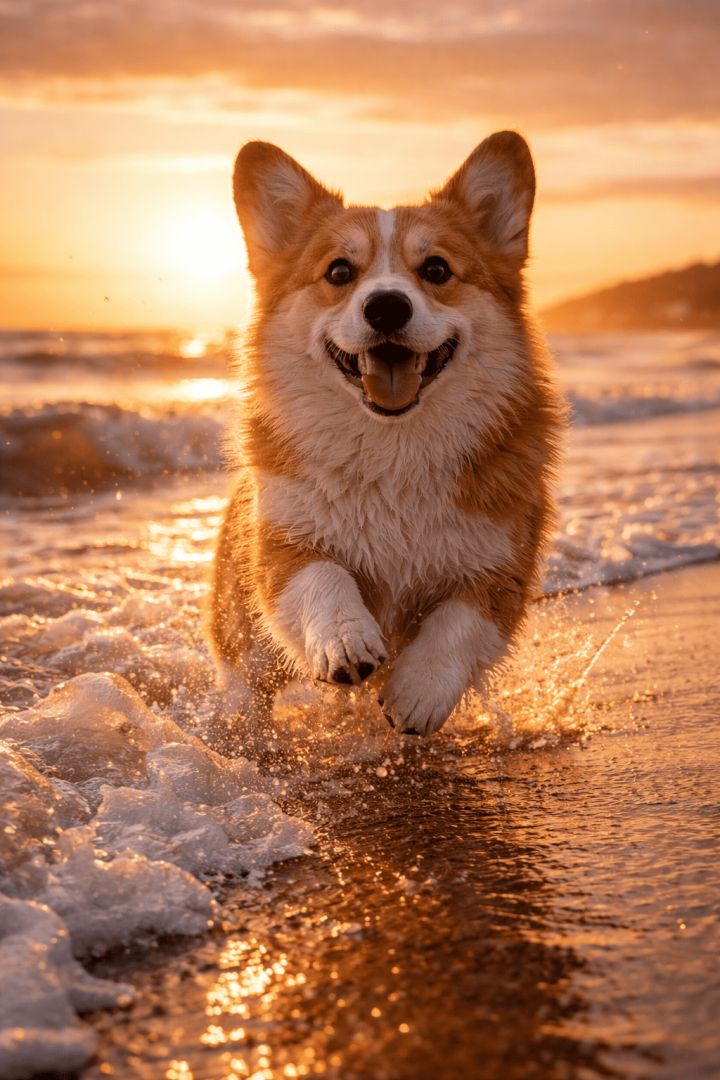 Joyful Corgi leaps through ocean surf dog wallpaper