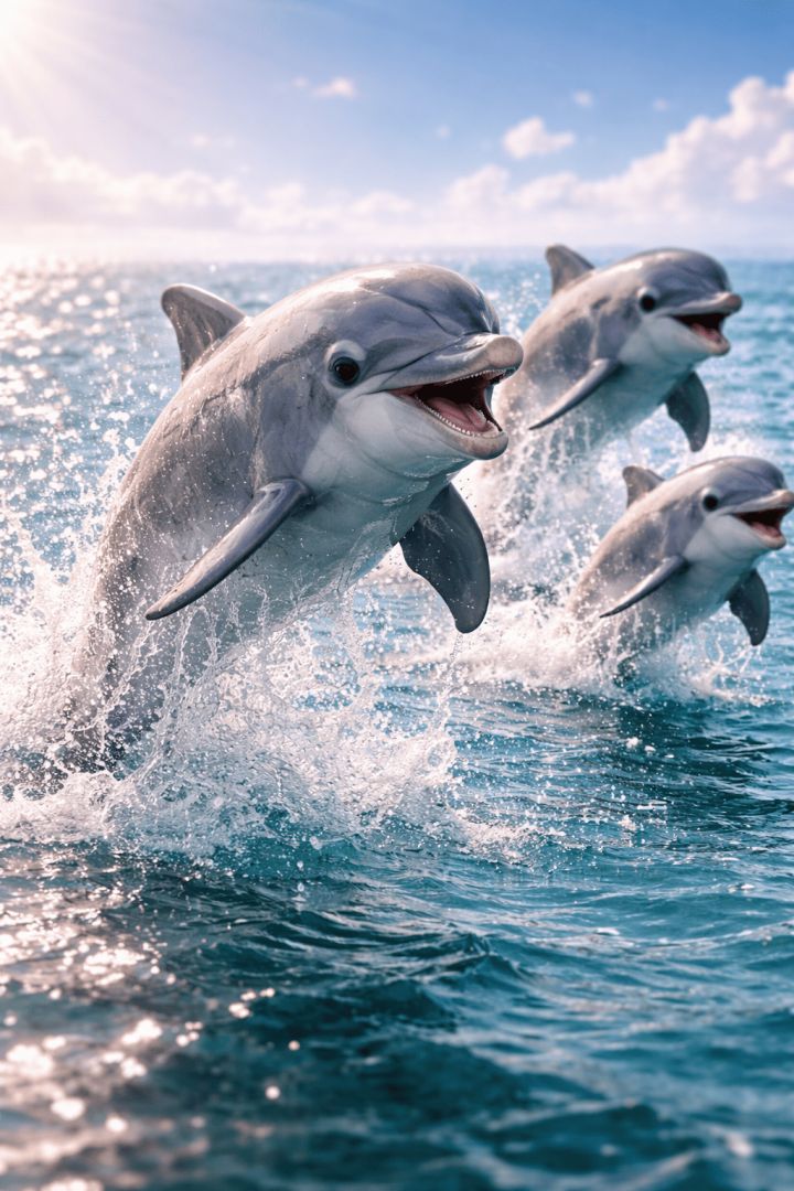 Joyful dolphins leaping in sunlight wallpaper