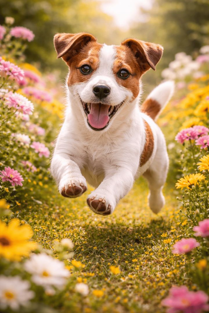 Joyful leap in a flower garden dog wallpaper
