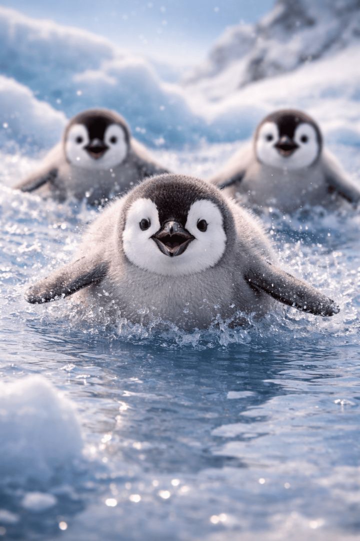 Joyful penguins gliding on ice wallpaper