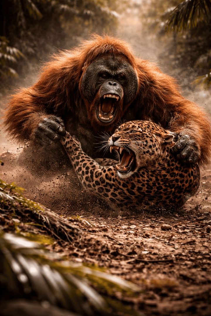 Jungle clash orangutan vs leopard wallpaper