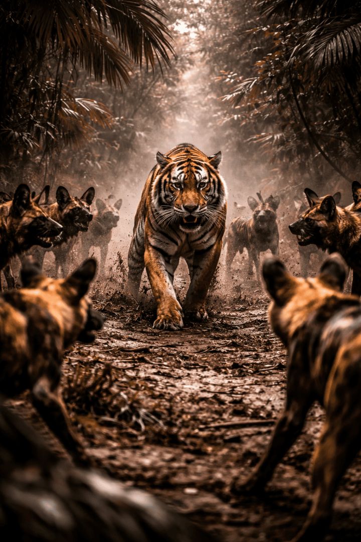 Jungle standoff tiger vs wild dogs wallpaper