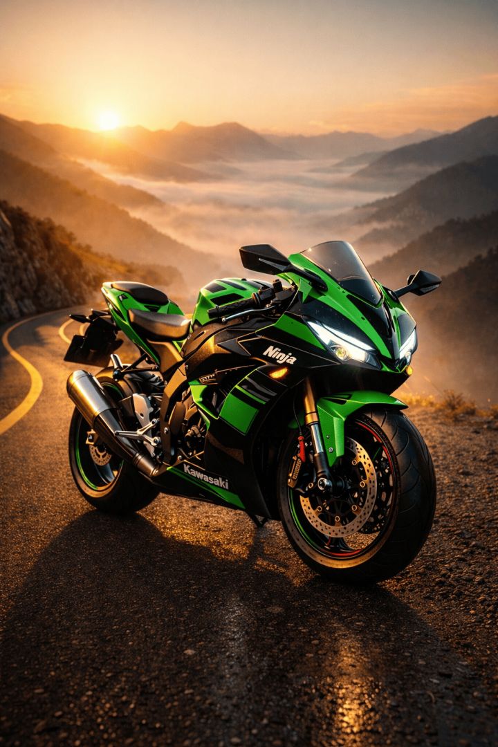 Kawasaki Ninja at sunrise on mountain road wallpaper