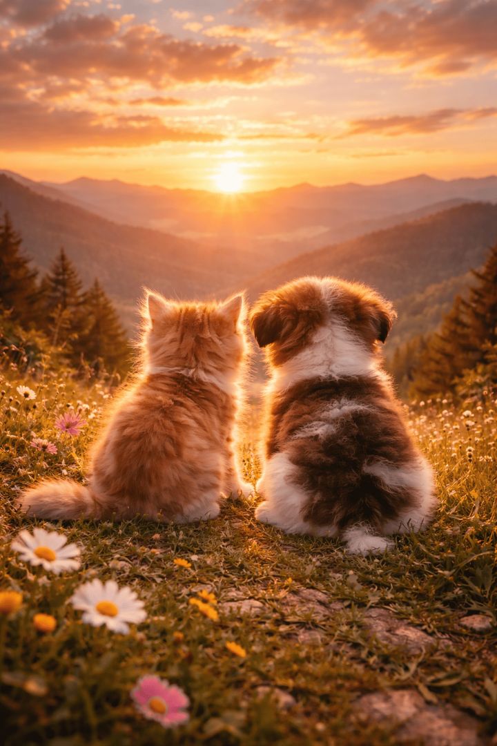 Kitten and Puppy Watching Mountain Sunset Together Nature Wallpaper wallpaper