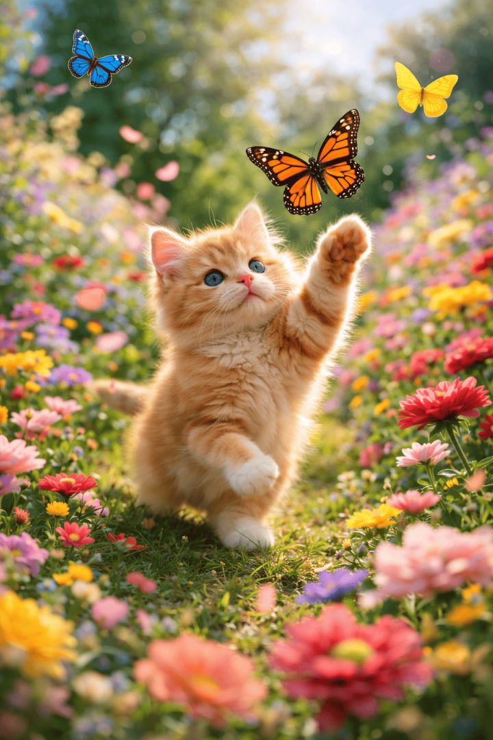 Kitten leaps in vibrant garden sunlight cat wallpaper