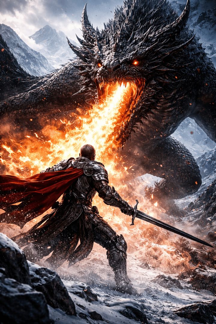 Knight against dragon in fiery battle game wallpaper