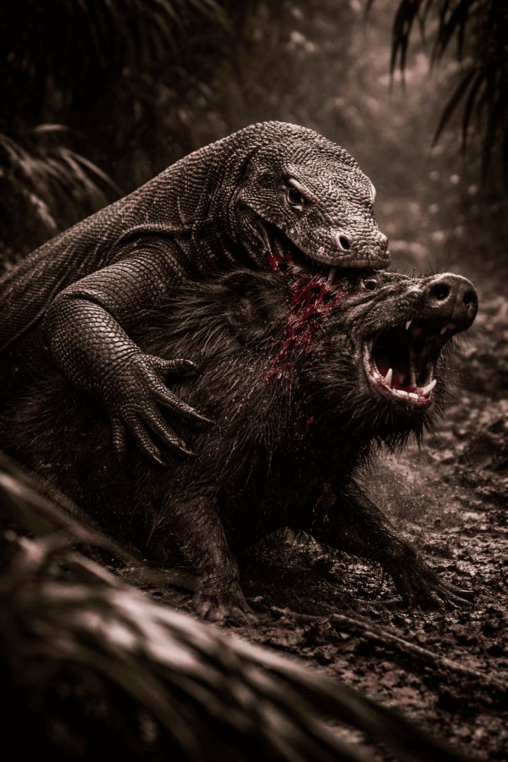 Komodo dragon attacks wild boar in jungle wallpaper