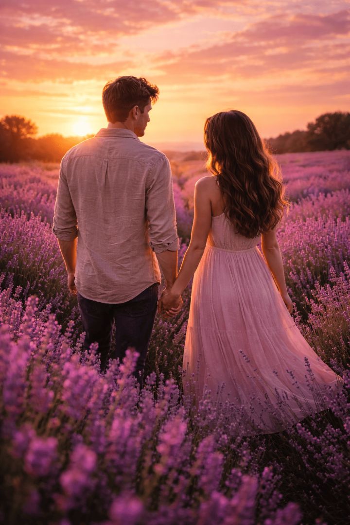 Lavender field sunset stroll wallpaper