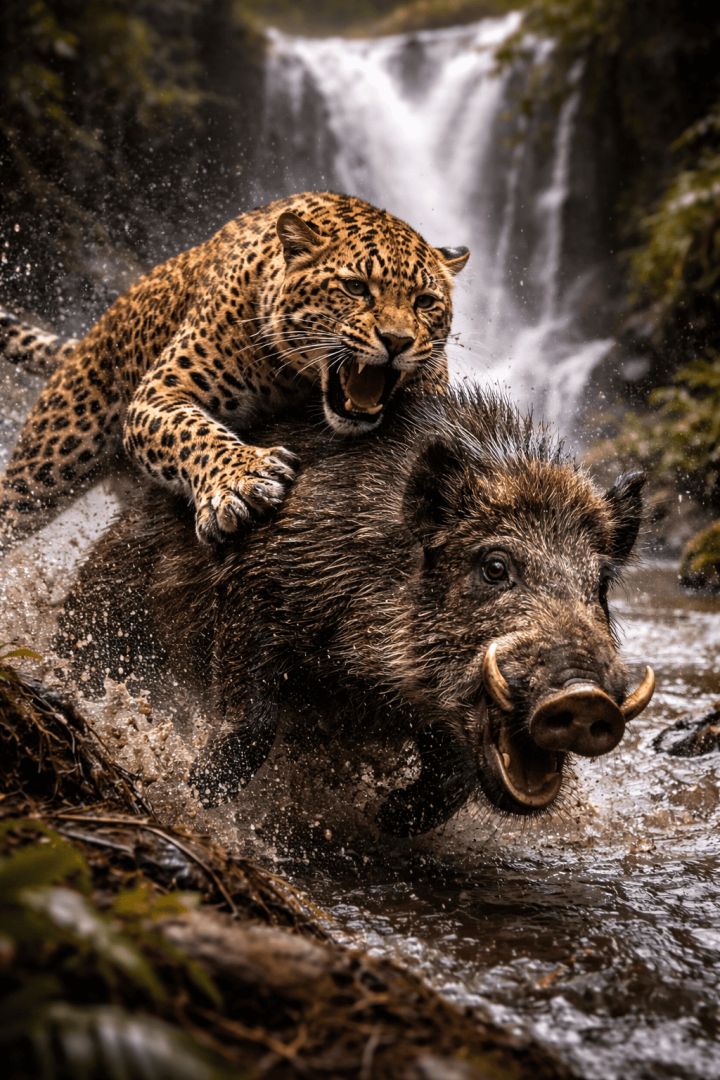 Leopard ambushes boar near waterfall wallpaper
