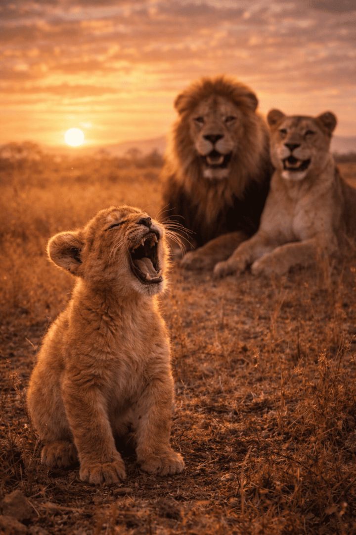 Lion cub roars in sunset glow wallpaper