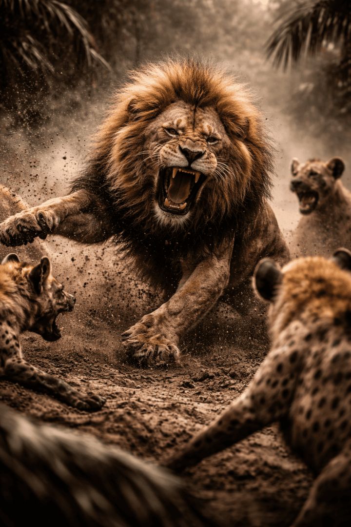 Lion versus hyenas in fierce battle wallpaper