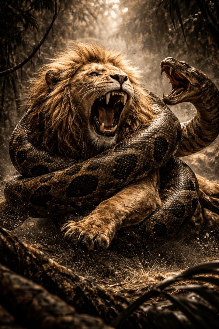 Lion vs anaconda in the jungle wallpaper