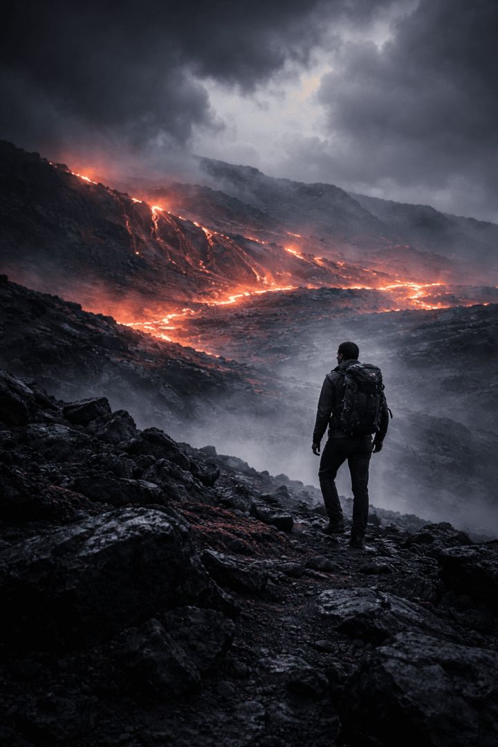 Lone hiker in volcanic landscape wallpaper