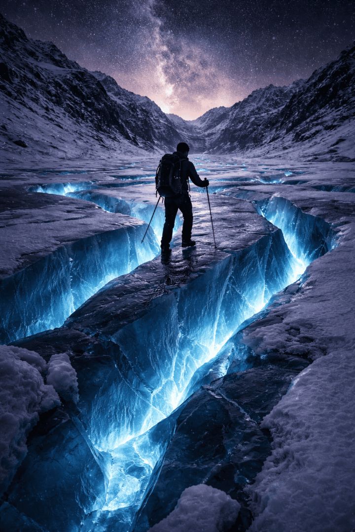 Lone hiker on glowing glacier at twilight hiking wallpaper