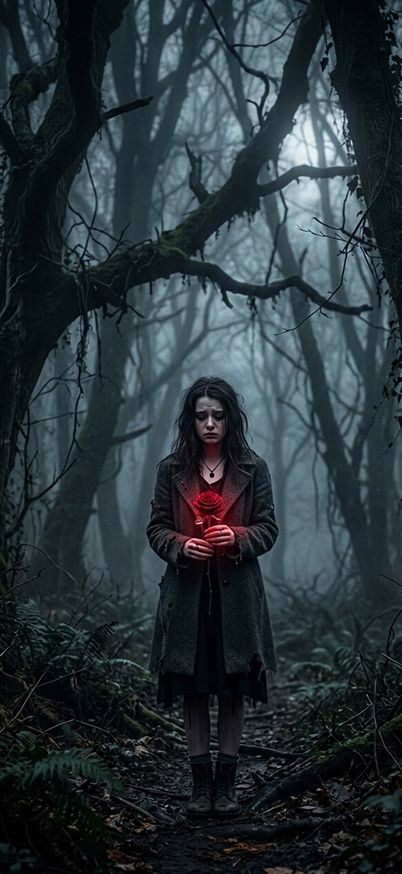 Lonely Girl with Red Rose in Foggy Horror Forest – Dark Aesthetic Broken heart in the mist iphone 4k wallpaper wallpaper